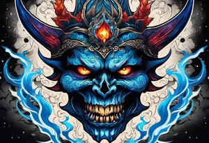 a demonic face with blue flames as majestic crown, deep set glowing galaxy styled eyes, skull faced with slightly open mouth and slight sliver of fangs, tattoo idea