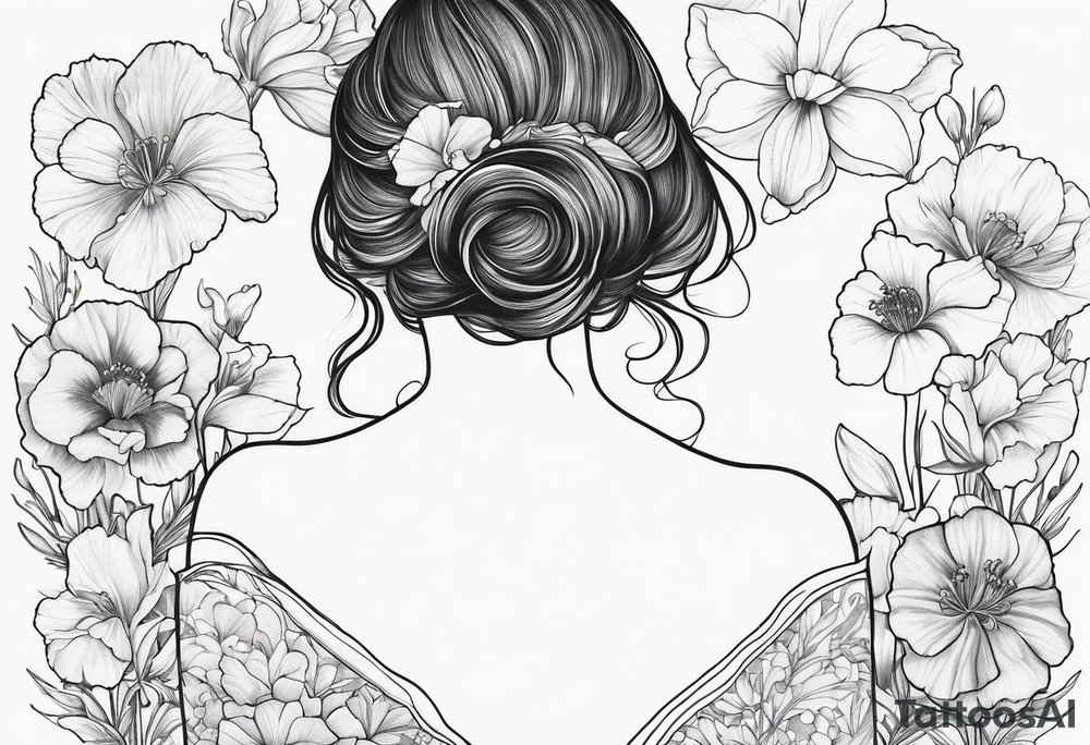 Female no face from behind outline surrounded by carnations
snow drops, iris, poppies, cosmos, and narcissus tattoo idea