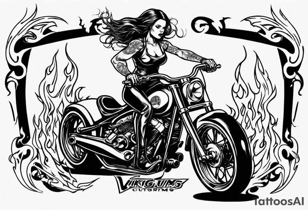 I want a detailed tattoo of a girl riding a motorcycle surrounded by flames with the company name “Viking Customs” incorporated in the design tattoo idea