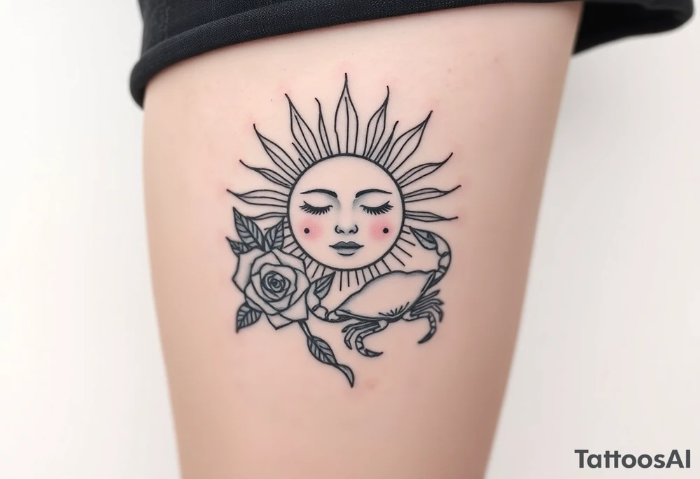 Sun with simple face, lines coming from
Sun, rose, and crab traditional tattoo idea