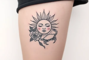 Sun with simple face, lines coming from
Sun, rose, and crab traditional tattoo idea