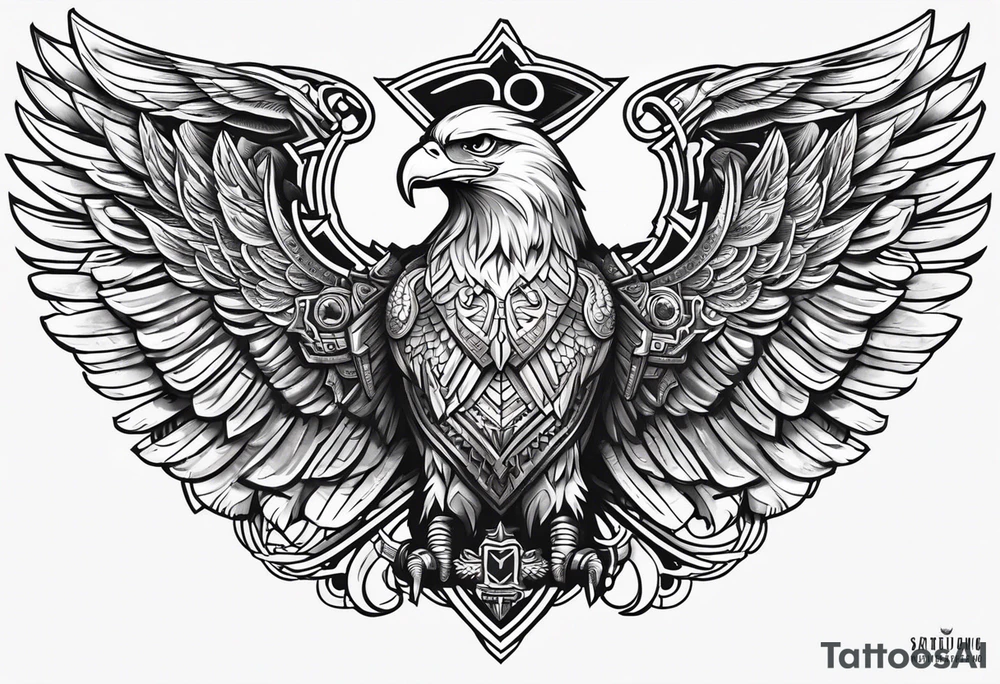 upper back and shoulder tattoo eagle wings with spartan helmet in middle with letters RELJA on top, maori style tattoo idea