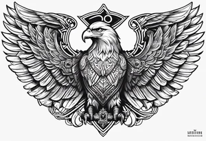 upper back and shoulder tattoo eagle wings with spartan helmet in middle with letters RELJA on top, maori style tattoo idea