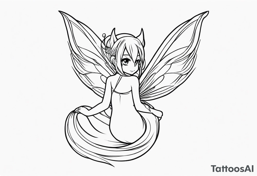 A fairy with a tail inspired by the logo of the show called Fairy Tail in a fetal position leaning in no additional ears or background tattoo idea