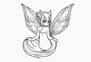 A fairy with a tail inspired by the logo of the show called Fairy Tail in a fetal position leaning in no additional ears or background tattoo idea