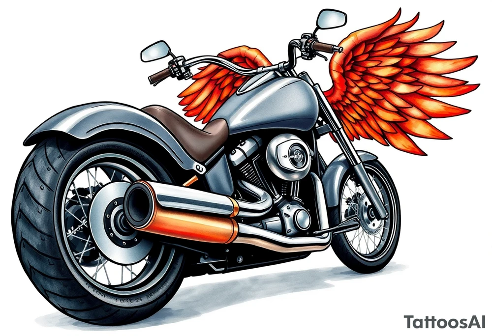 Low rider grey motorcycle, big muffler pipes with flames, angel wings, driving away, no person tattoo idea