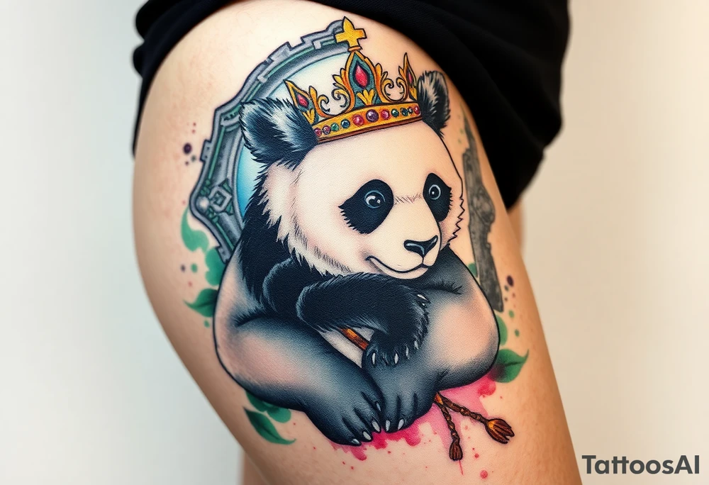 powerful superior panda with a crown, sexy princess on a throne looking down at her worshippers tattoo idea