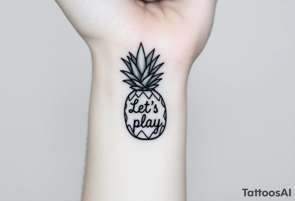 A black ink wrist tattoo featuring a realistic yet minimalistic pineapple. The pineapple is finely detailed with clean, precise lines, capturing the natural texture of the fruit while keeping the design subtle and uncluttered. Inside the body of the pineapple, the phrase "Let's play" is clearly placed in a bold but not overly thick font, ensuring readability while maintaining balance with the overall design. The leaves of the pineapple have a fine-line style with slight variations in thickness for a natural feel. The tattoo blends fine details with subtle bold elements, creating a clean and modern aesthetic. tattoo idea
