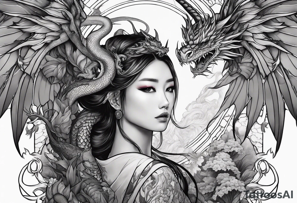 beautiful warrior nymph with dragon wings and a dragon friend tattoo idea
