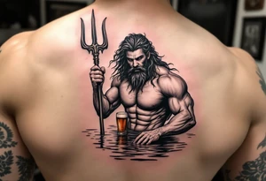 young, fit poseidon in calm water, holding a trident, drinking a beer, with foot on his bicep tattoo idea