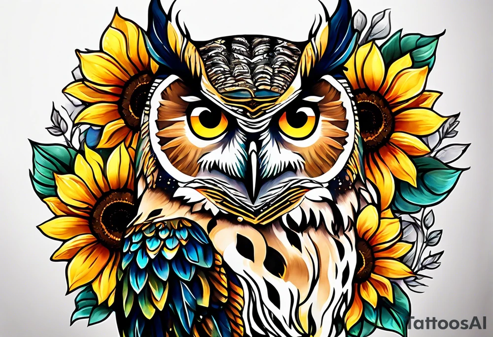 Leg sleeve with colorful sunflowers and an owl tattoo idea