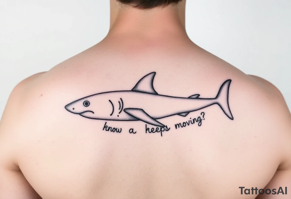 Whale shark on back by spine with the words “do you know why a shark keeps moving”wrapped around the shark tattoo idea
