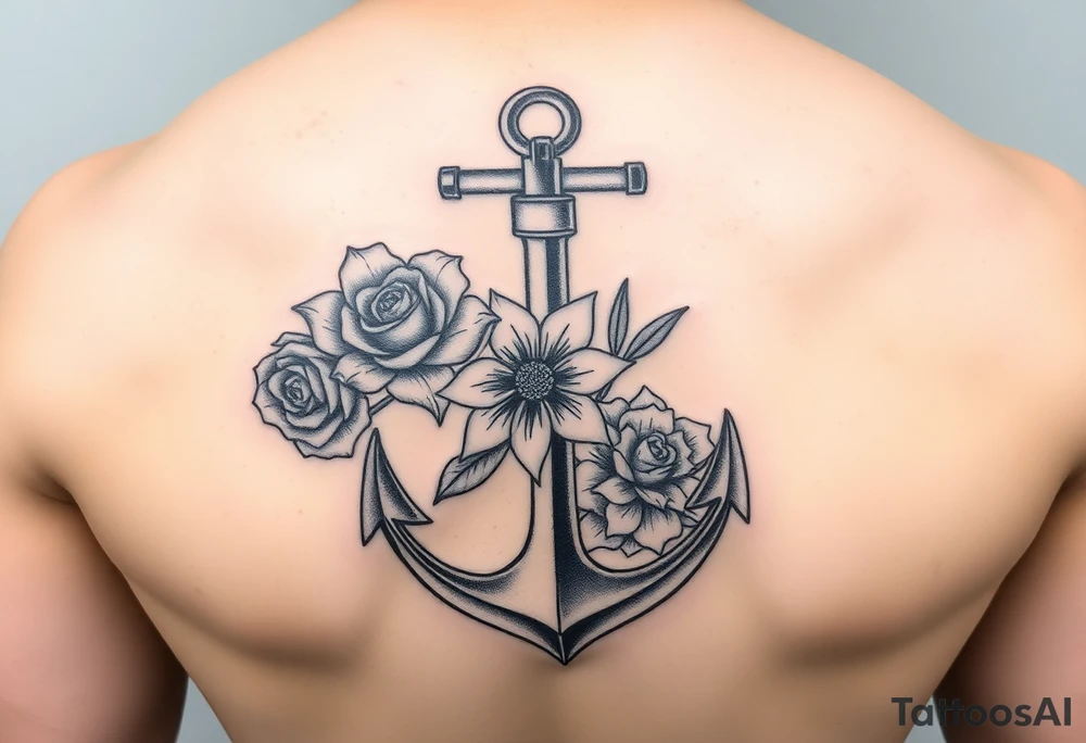 anchor with a rose, a lily and a hydrangea in color tattoo idea