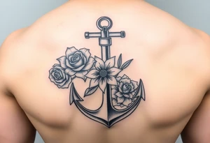 anchor with a rose, a lily and a hydrangea in color tattoo idea