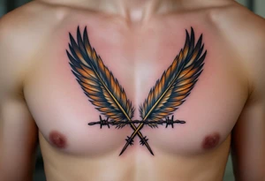 A pair of hawk feathers entwined with barbed wire, using realistic brown and silver tones to represent resilience and survival. tattoo idea