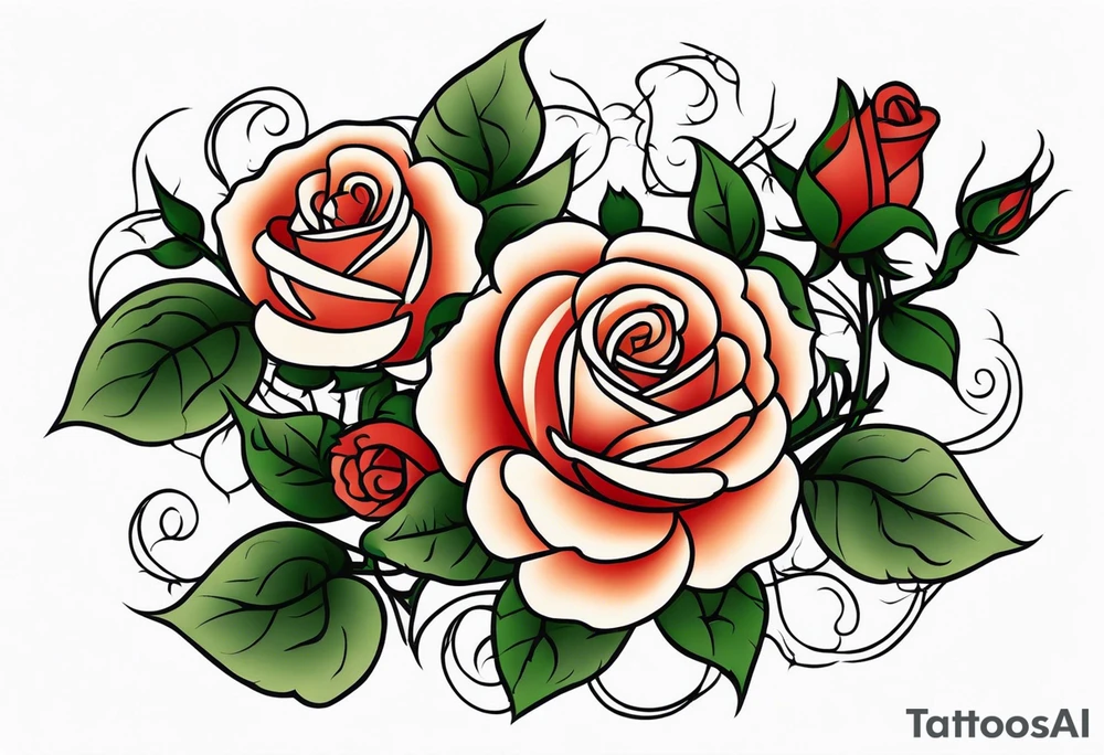 sleeve tattoo traditional style with lots of small roses on a vine. total roses is 50 tattoo idea