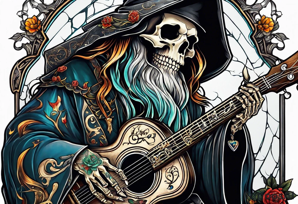 Wizard skeleton with guitar tattoo idea