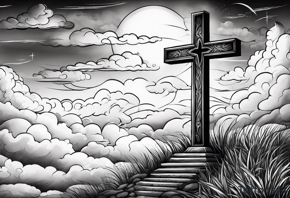 bible verse with a very simple cross in the background and realistic clouds shadowing the cross in the background tattoo idea