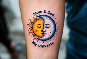 A whimsical sun and moon design in yellow and navy with “Mom & Dad: My Universe” circling it. tattoo idea