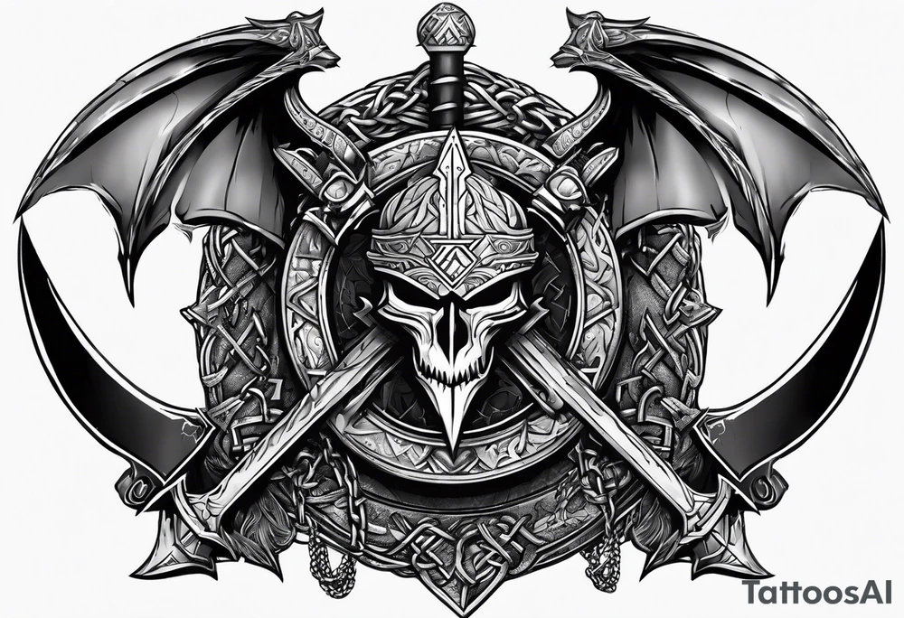 Valhalla sword shield dragon axe Valknut barbed wire chains tattoo idea