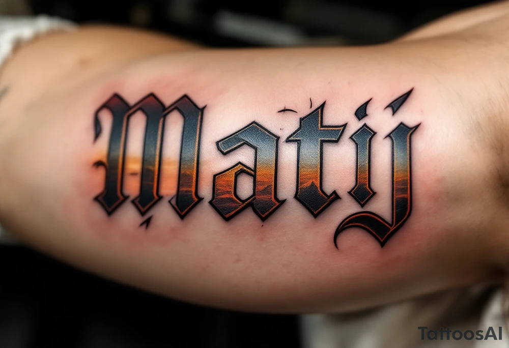 Matěj in bold block letters, with a subtle sunrise gradient fading from orange to yellow. tattoo idea