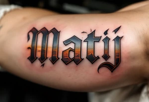 Matěj in bold block letters, with a subtle sunrise gradient fading from orange to yellow. tattoo idea