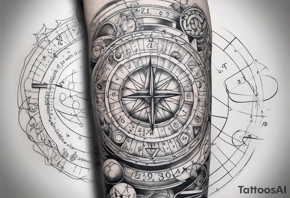 arm sleeve, math and science symbols and formulas tattoo idea