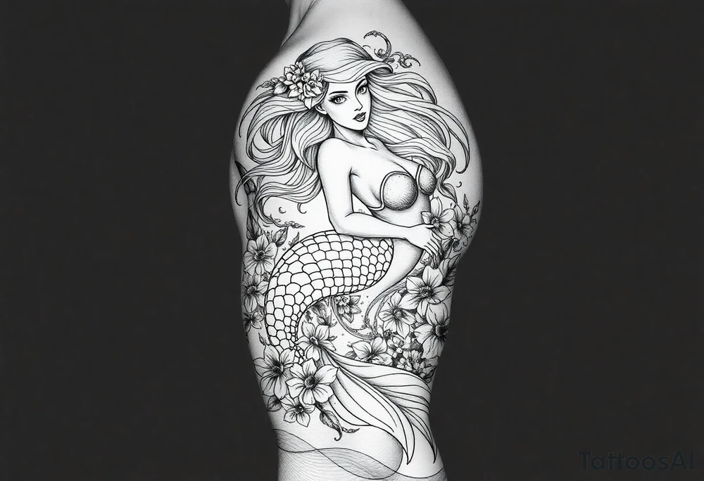 ethereal mermaid with flowing hair among coral and sea flowers tattoo idea