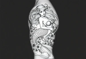ethereal mermaid with flowing hair among coral and sea flowers tattoo idea
