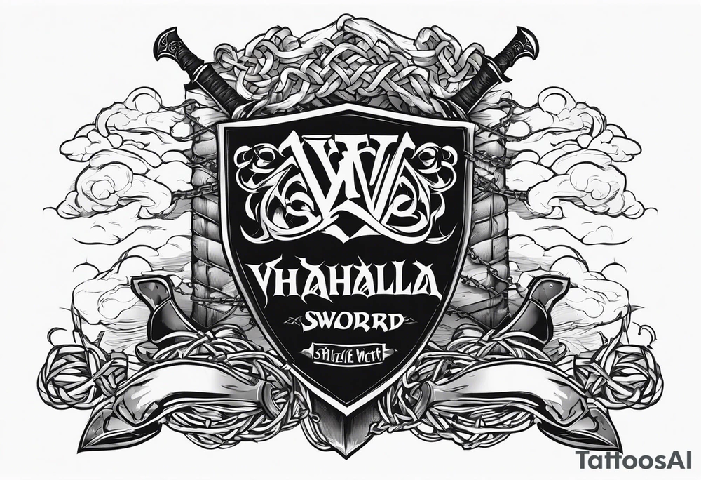 Valhalla sword shield axe barbed wire chains dark cloud tattoo idea