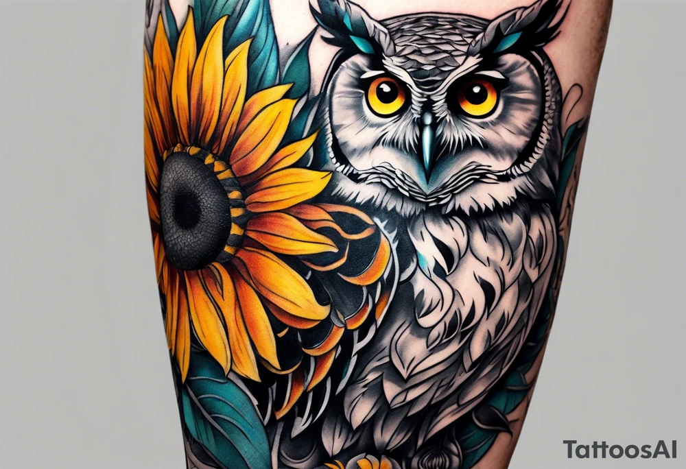 Arm sleeve with colorful sunflowers and an owl tattoo idea