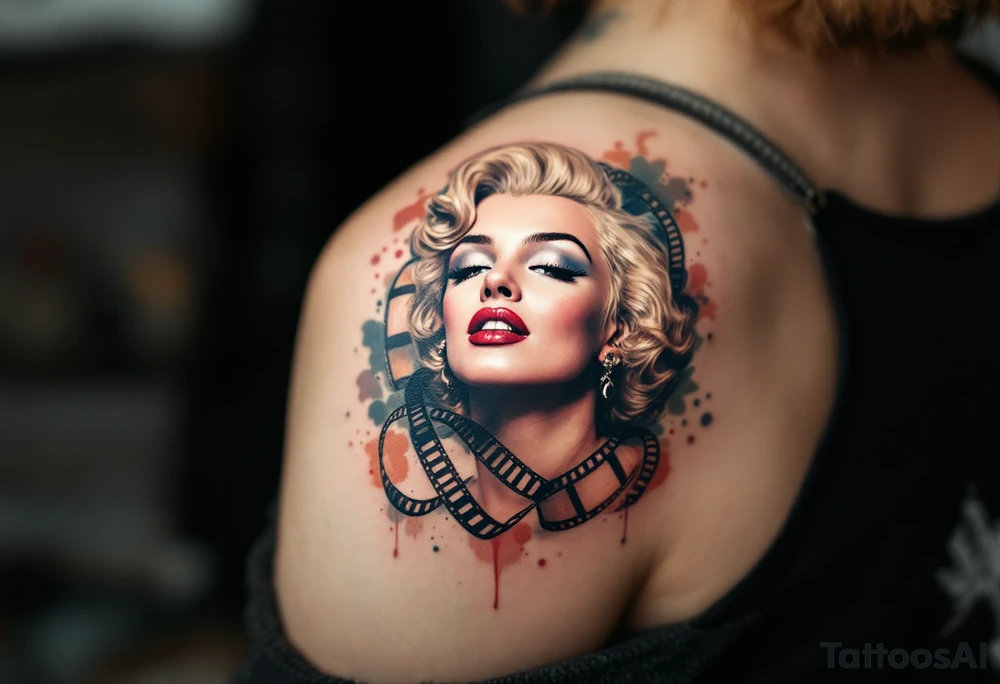 Realistic Marilyn tattoo surrounded by vintage film reels and sepia-toned highlights. tattoo idea