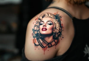 Realistic Marilyn tattoo surrounded by vintage film reels and sepia-toned highlights. tattoo idea