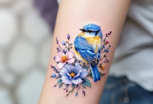 Puffy bluebird surrounded by wild flowers tattoo idea