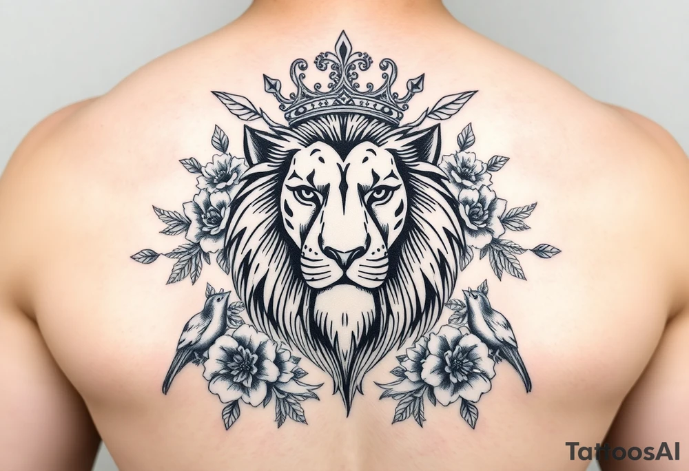 powerful majestic lion with a crown, surrounded by floral ornaments and birds tattoo idea