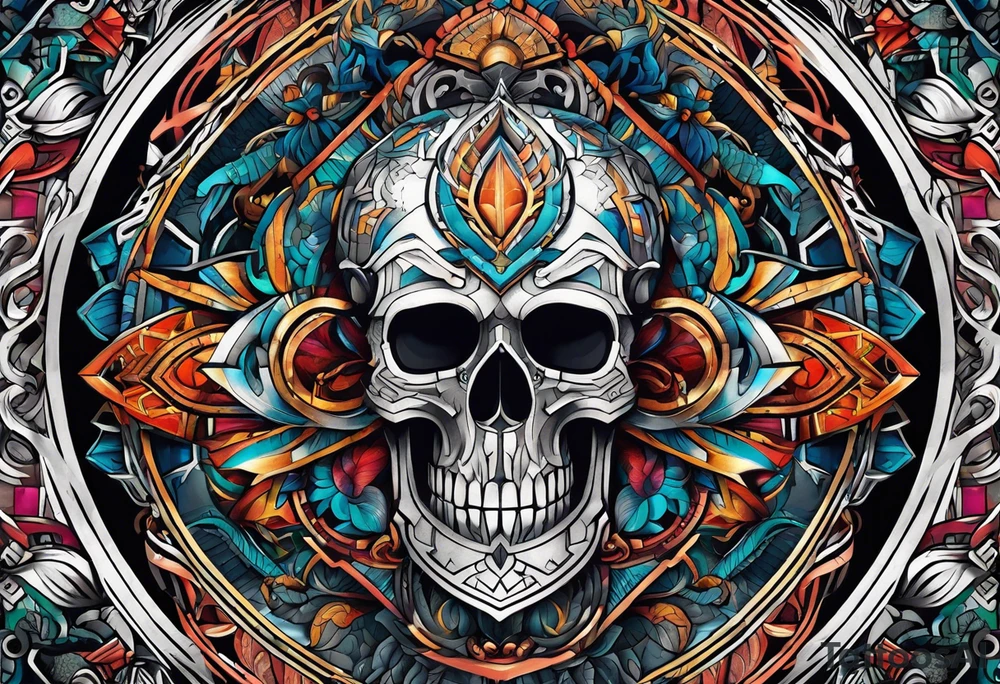 Bold geometric tapestry trident in colour on arm tattoo idea