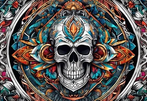 Bold geometric tapestry trident in colour on arm tattoo idea
