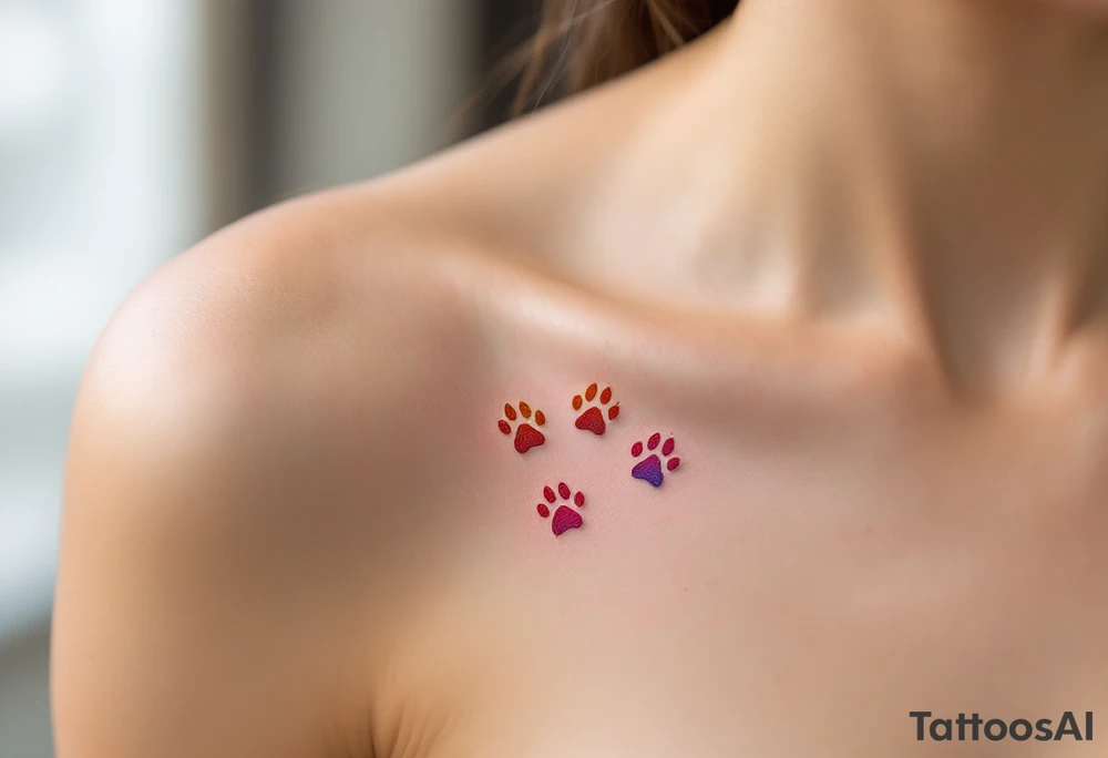 Rainbow Memorial Paw Prints – Fading paw prints in rainbow gradient colors from bright red to violet, representing a cat who has crossed the Rainbow Bridge. tattoo idea