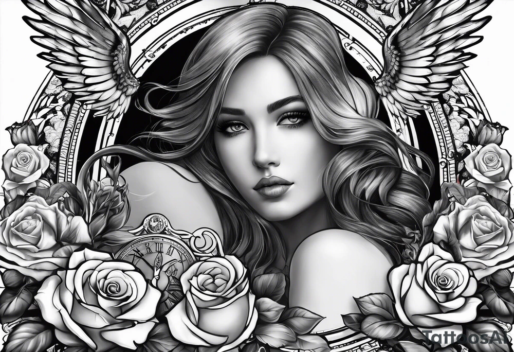 angel, roses, clock, name MARTINA tattoo idea angel, roses, clock, name MARTINA tattoo idea