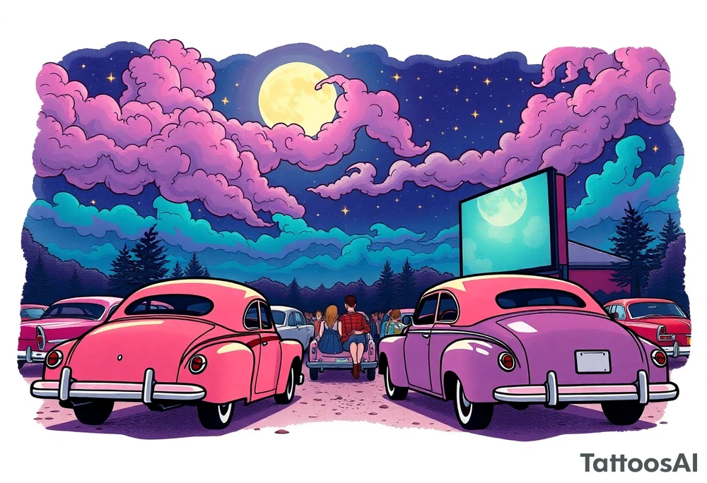 Tim Burton’s 40s drive in movie from outside view has lots of cute pastel vintage cars and couples watching the movie and dripping with muted reds, dusty pinks, and eerie green glow purple and cyan smokey clouds swirl and dance in the moonlit night sky filled with twinkling stars  tattoo idea tattoo idea