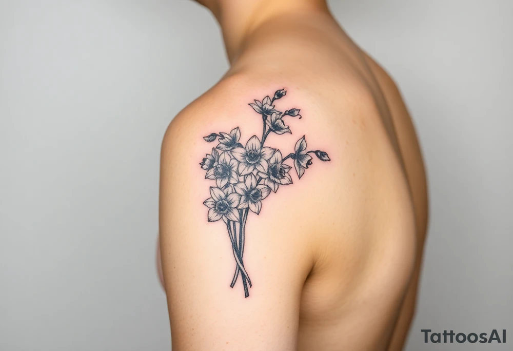arm tattoo for women with bouquet of daffodils, daisies, lily of the valley tattoo idea