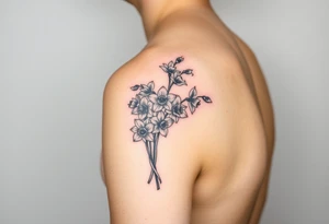 arm tattoo for women with bouquet of daffodils, daisies, lily of the valley tattoo idea