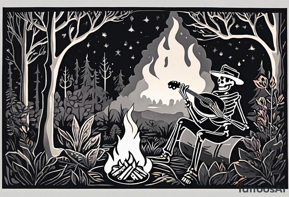 Foreground: The skeleton in a coal miner's hat, animatedly playing the banjo. The light from the campfire illuminates the skeleton and the nearby surroundings, casting intricate shadows.
Midground: The glowing campfire, with flames realistically designed in black and grey shades to emphasize movement and light.
Background: Subtle outlines and shading of rhododendron plants, giving a natural and dense feel to the woods. These can be stylized to blend seamlessly with the style of the tattoo.
Sky: A night sky speckled with stars, adding depth and a sense of time to the scene, with the stars providing a contrast against the dark sky. tattoo idea