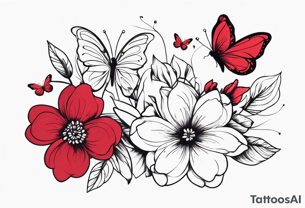 Flowers with "Ruby" in calligraphy font and butterflies around it tattoo idea