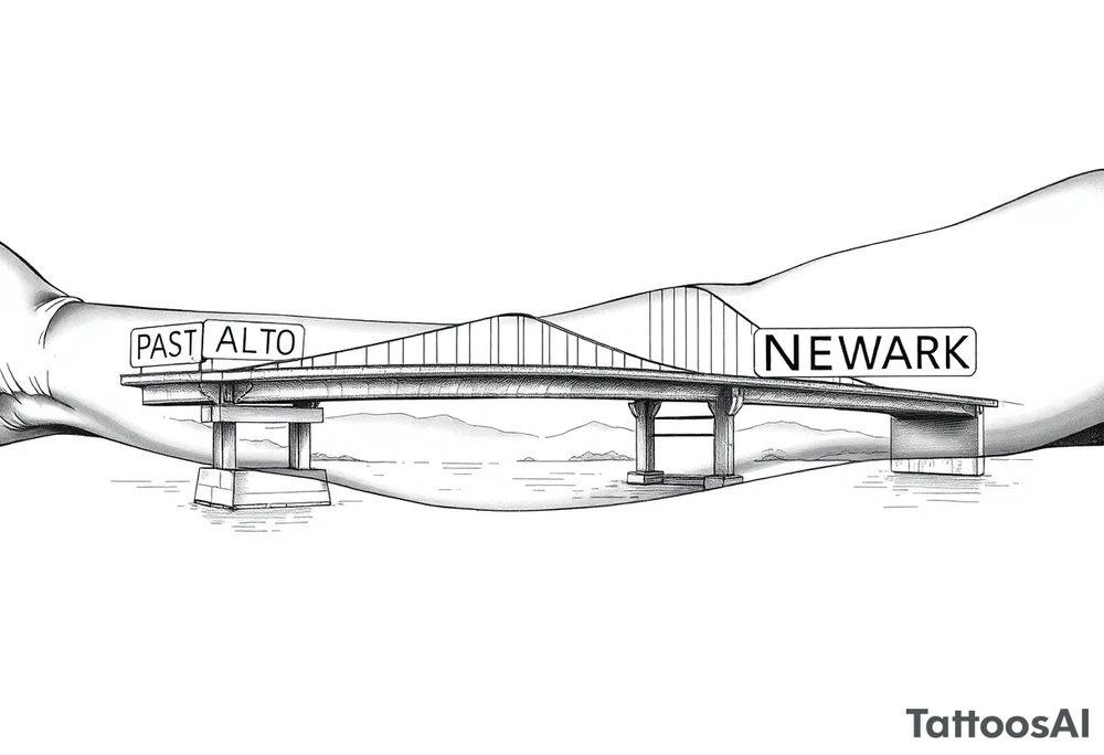 A bridge over water with two cities on the side. The city signs on the side of the bridge. East Palo Alto on the left and Newark on the right tattoo idea