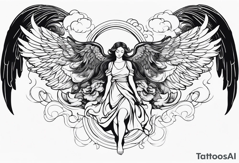 one big angel with 3 angels flying in the back with shading and clouds tattoo idea