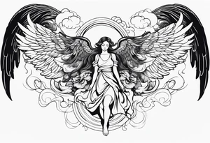 one big angel with 3 angels flying in the back with shading and clouds tattoo idea