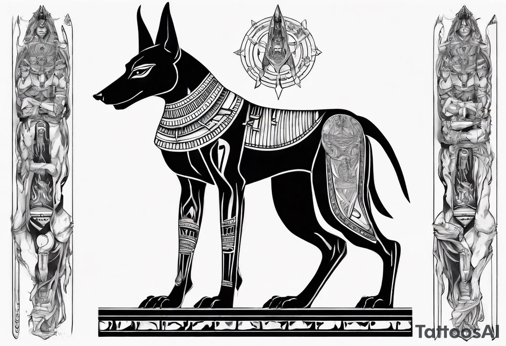 Anubis with some Egyptian mythology background that is 20 cm in length and 10 - 12 cm wide tattoo idea