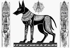 Anubis with some Egyptian mythology background that is 20 cm in length and 10 - 12 cm wide tattoo idea
