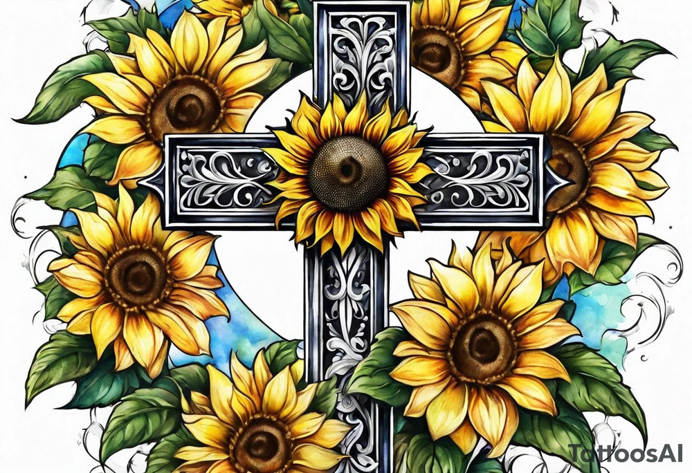 Winged cross with sunflower arm sleeve tattoo idea
